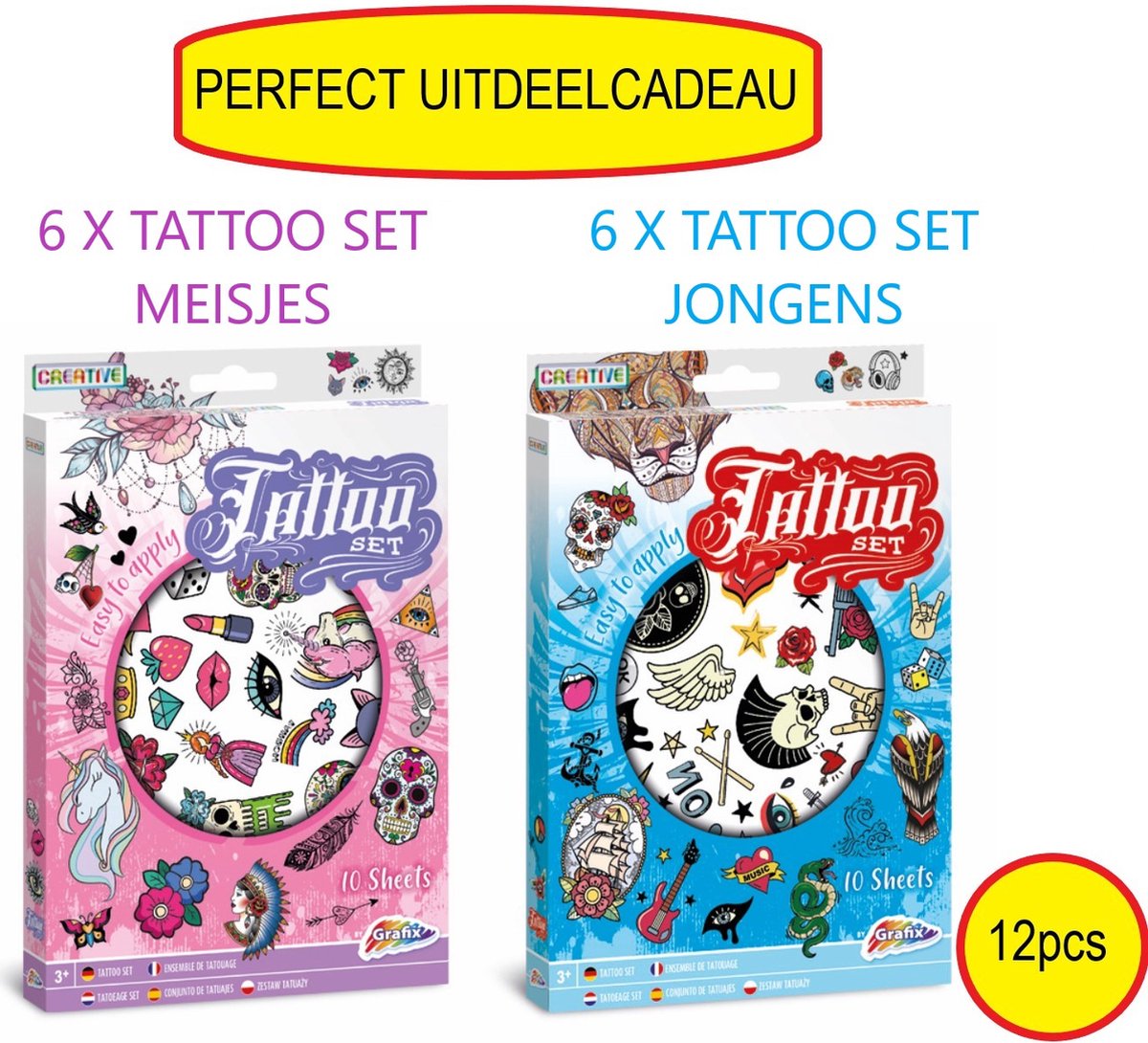 Grafix Traktatie Uitdeelcadeautjes voor Kinderen | 12x Tattoo Set | Voor Jongens & Meisjes | Plak tattoos voor kinderen | 10 vellen per set | Uitdeelcadeautjes voor traktatie | Weggeef Cadeautjes | Kinderfeestje